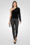 Women Asymmetrical Neckline Textured Sweater, Black