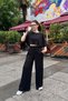 Set of 2 - Crew Neck Bat Sleeve Comfortable Fit Crop Blouse and Pleated Pants Modal Set - 4