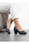 Women's Navy Blue Thick Heel Comfortable Fit Heeled Shoes - 2