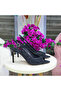Women's Black Shimmering Crystal Stone Pointed Toe Thin Heeled Shoes - 2