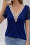 Women's Short Sleeve V Neck Lace Detail Viscose Blouse - 2
