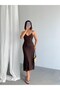 Crep Women's Strappy Midi Dress – Fitted Summer Dress with Lace Detail and Textured Fabric, Brown - 4