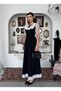 Black Ruffled Collar Long Dress with Brooch Detail and Lace - 7