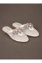 Women's White Patent Leather Large Stone Buckle Transparent Mesh Detailed Oval Toe Open Back Ballerinas - 4