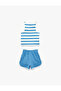 Color-Blocked Crew Neck Cotton Striped Tank Top and Shorts Set - 5