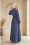 Half-Buttoned Elastic Waist Striped Dress 0320-06 Navy Blue - 5