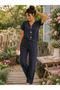Women's Navy Blue Star Patterned Buttoned Pajama Set Short Sleeve Comfortable Home Wear - 2