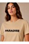 Women's Paradise Printed Crew Neck Beige T-Shirt - 3