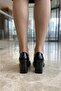 İlena Women's Double Mini Buckle Striped Pointed Toe Geometric Thick Square Heeled Office Stiletto - 3