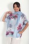Women's Italian Floral Patterned Loose Blouse with Sequins on Sleeves and Hem