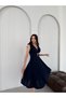 Navy Blue Backless Midi Evening Dress with Gold Accessory Detail - 4