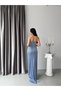 Baby Blue Strapless Glittery Draped Long Evening Dress - 7