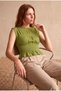 Women's Green Jacquard 100% Cotton Crew Neck Sleeveless Gipeli Waist Ruffle Detailed Blouse Mara