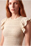 Women's Beige Regular Fit Crew Neck Ruffled Short Sleeve Openwork Blouse Susana - 4