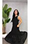 Women's Strappy Round Neck Long Viscose Two-Thread Dress with Chiffon Detail at the Hem - 2