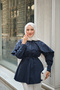 Women's Ruffled Stone Detailed Waist Tie Shirt Navy Blue - 3