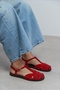 Majes Red Suede Leather Embroidery Detail Flat Sole Women's Sandals - 6