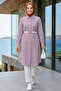 Women's Striped Patterned Belted Linen Purple Shirt