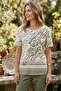 Women's Plus Size Lycra Boat Neck Shoulder Garnished Printed Patterned Short Sleeve Mom T-Shirt Combed Cotton Blouse