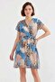 Women's Short Sleeve Belted Patterned Chiffon Blue Dress - 4