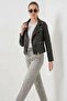 Women's Stand Collar Biker Black Jacket - 4