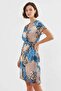 Women's Short Sleeve Belted Patterned Chiffon Blue Dress - 2
