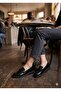 Women's Patent Leather Black Buckle Loafer Shoes - 5