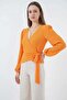 Women's V-Neck Belted Wrap Orange Blouse - 2