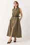 Women's High Collar A-Line Leather Belted Dress Khaki - 2