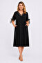 Women's Plus Size Black, V-Neck, Leopard Garni Detailed, Off Shoulder, Viscose Dress 65N39558