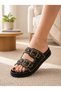 Women's Double Buckle Stone Detailed Black Slippers Ultra Soft Anatomical Sole Daily Slippers - 2