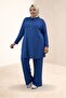 67008 Large Size Men's Collared Half Placket Combed Cotton Trouser Suit - Indigo