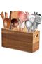Acacia Wood Utensil Holder For Countertop, Large 3-Compartment Cooking Tool Organizer With Removable Divider, Rustic Style For Kitchen Décor