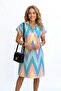 Women's Polo Neck Geometric Patterned Sleeve Drawstring Detailed Linen Dress