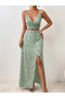 Women's Rope Strap Double-Breasted Collared Patterned Single Jersey Crop Blouse and Slit Long Skirt Two-Piece Set - 5