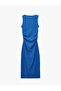 Drape Detailed Crew Neck Sleeveless Textured Cobalt Blue Bodycon Dress - 2