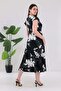 Women's Black White Floral Pattern Ruffle Sleeve Double Breasted Collar Plus Size Stretchy Maxi Dress - 6