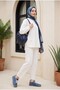 Long Back-Cut Crew Neck Top with Elasticated Sleeves and Trousers Set -White - 3