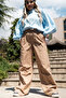 Beige Elastic Waist Comfort Fit Cargo Pants - 3