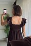 Ruffle Detail Belted Square Neck Brown Long Dress - 4