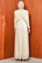 Ecru Draped Janjan Evening Dress with Stones on the Waist - 4