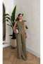 Mona Gold Button Detailed Women's Linen Vest and Trousers Set - Khaki - 7