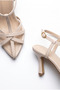 Women's Beige Patent Leather Piping Detailed Strapped Pointed Toe Thin Heel Stiletto Classic Heeled Shoes Zare - 3