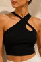 Women's Black Cross Halter Neck Ribbed Crop Top with Drop Detail - 2