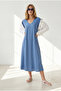 Women's Indigo V-Neck Woven Viscose Loose Dress Elb-19002245 - 2