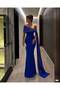 Women's Boat Neck Cobalt Blue Glitter Fabric Collar with Stone Detail Fish Model Evening Dress Graduation Dress