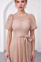 Women's Beige Balloon Sleeve Glittery Mesh Fabric Flared Midi Evening Dress - 3