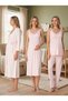New Season Pink Striped Strappy Design with Breastfeeding Feature, Lace Detailed 100% Cotton Maternity Dressing Gown Nightgown Pajama Set - 7