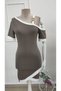 Women's Short Sleeve Asymmetric Cut Collar Stripe and Accessory Detailed Modal Dress - 4