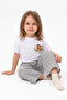 Girl's White Khaki Striped Muslin Pants and Cat Printed 2-Piece Combed Cotton Set
